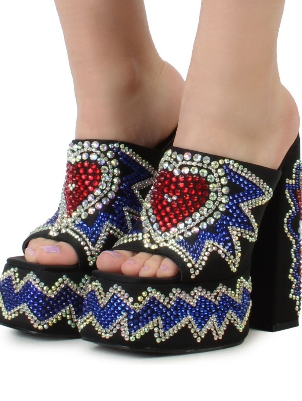 AZALEA WANG Black Platform Mules Embellished With Red, Silver And Blue Crystals